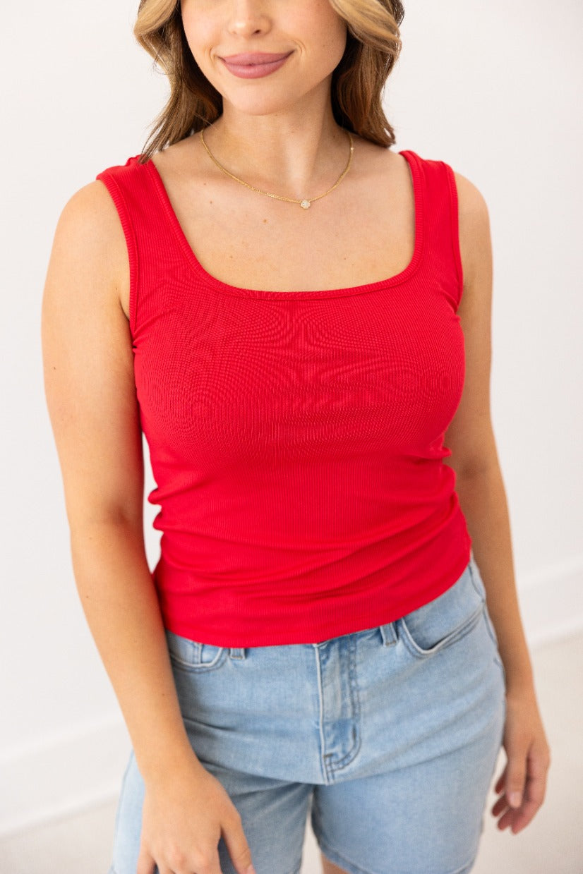 Bella Square Neck Rib Knit Tank Top, True Red