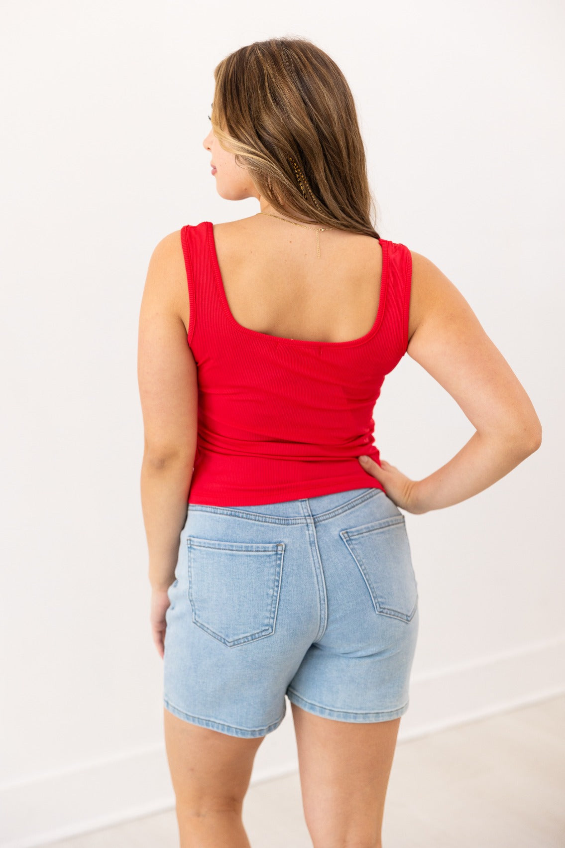 Bella Square Neck Rib Knit Tank Top, True Red