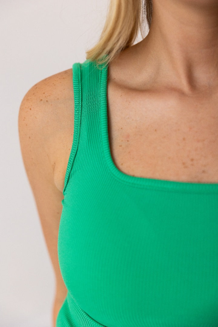 Bella Square Neck Rib Knit Tank Top, Green