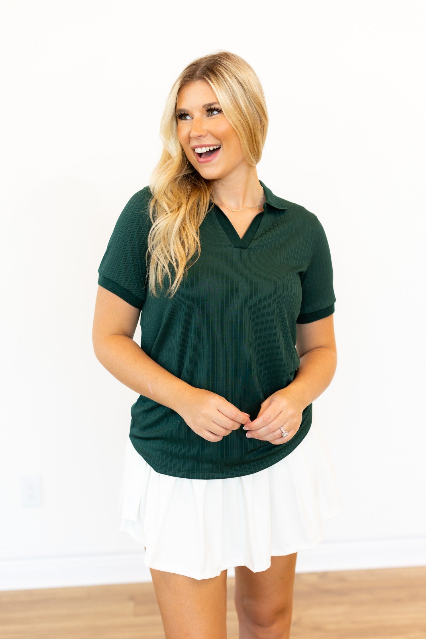 Rib Knit Polo Top, Hunter Green