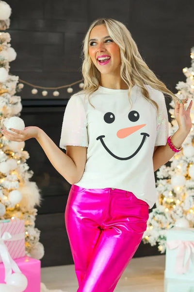 Snowman Face on White Crewneck Tee with Sequin Sleeves