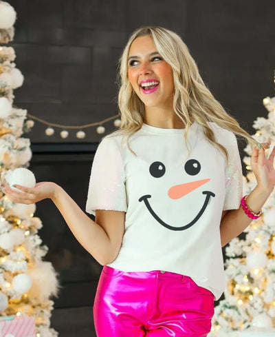 Snowman Face on White Crewneck Tee with Sequin Sleeves