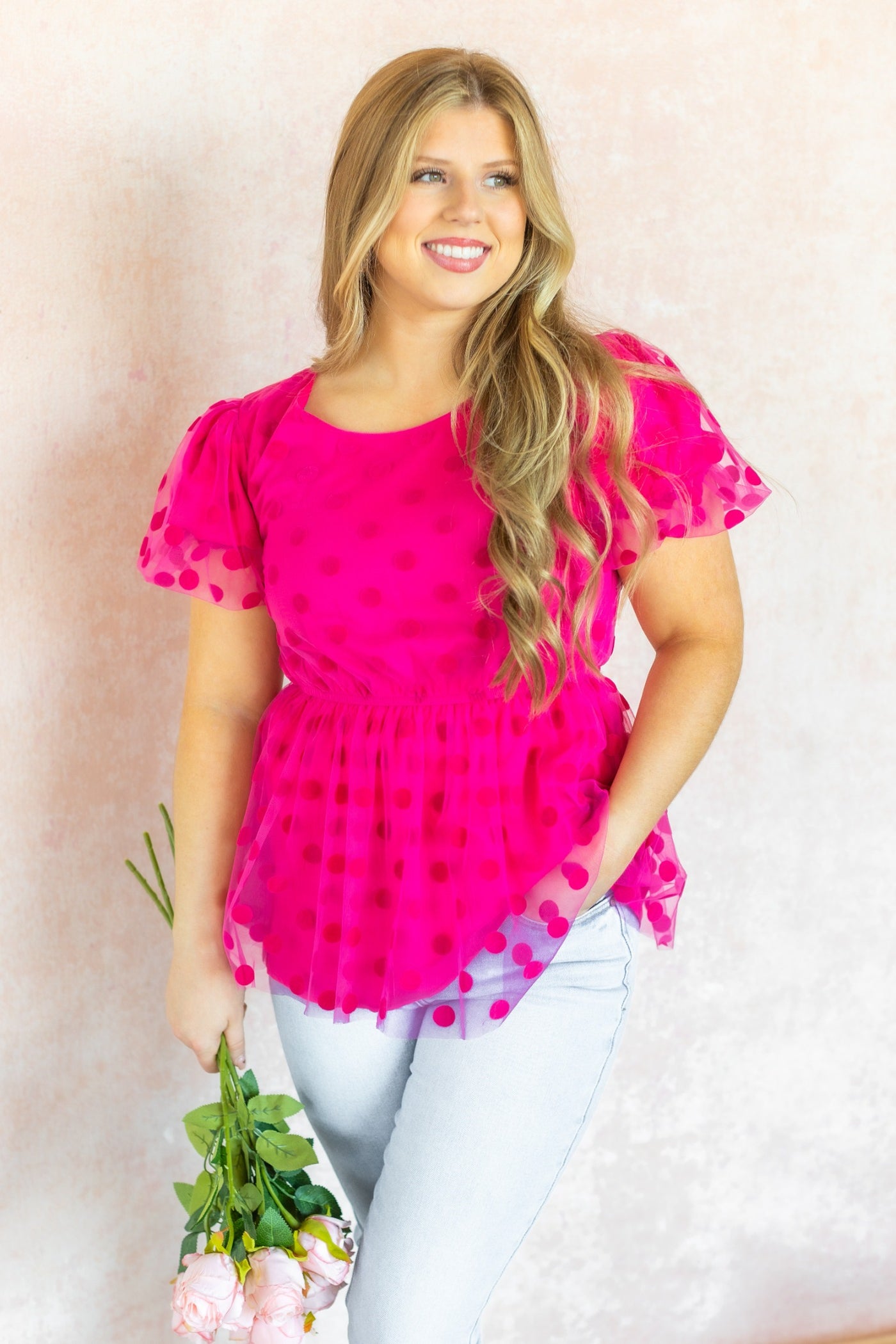 Polka Dot Mesh Peplum Blouse