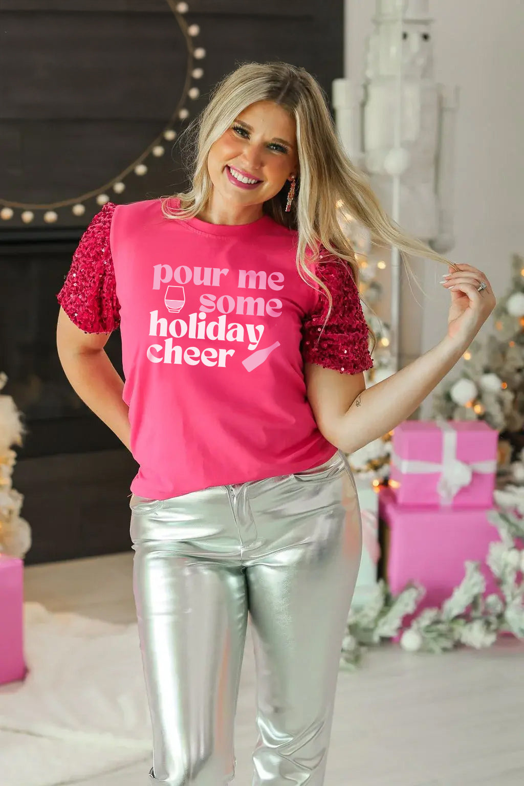 Pour Me on Sequins Puff Sleeve Top, Fuchsia