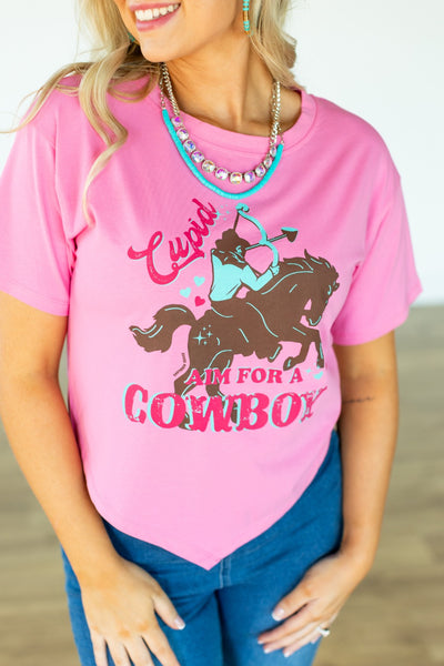 Cupid Aim for a Cowboy V-Hem Top, Pink