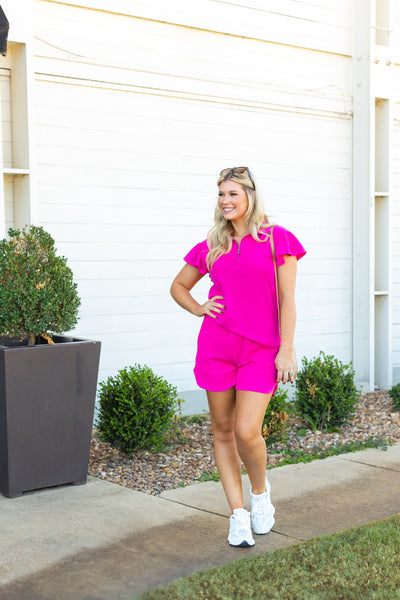 Hot Pink Quarter Zip with Flutter Sleeves