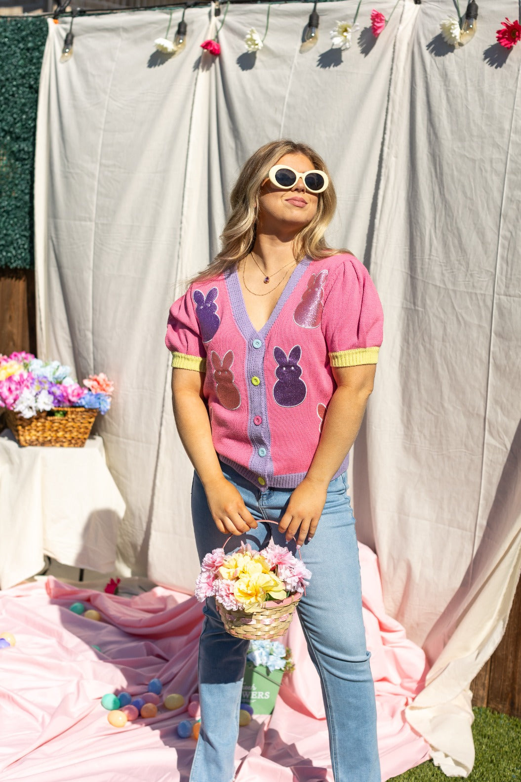 Puff Sleeve Cardigan Bunny Patches