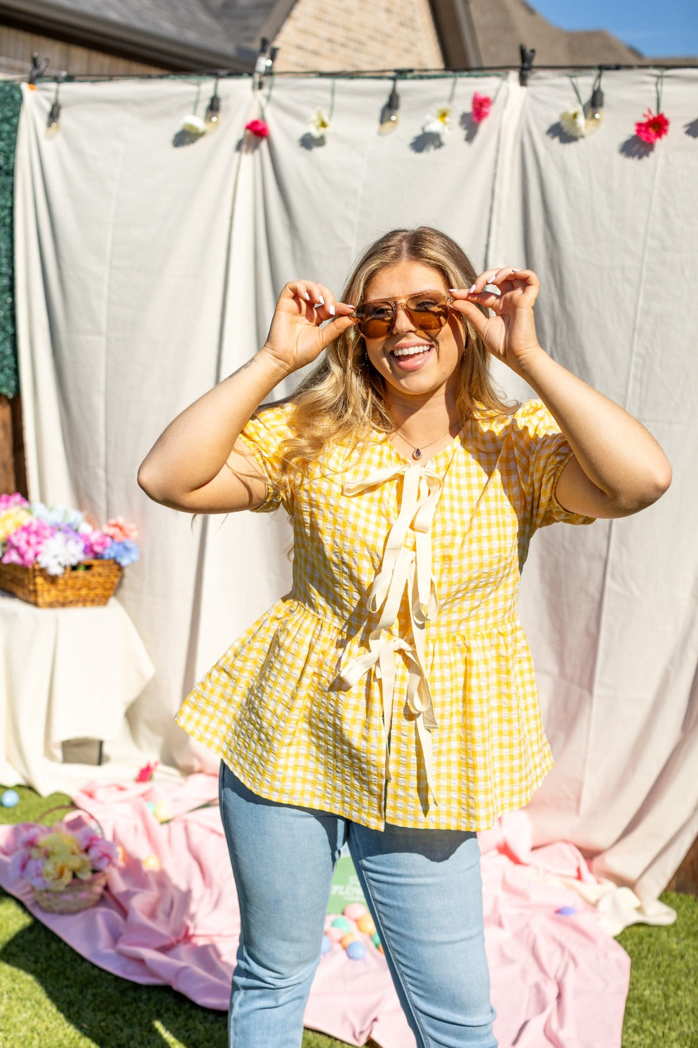 Gingham Blouse With Bows, Yellow