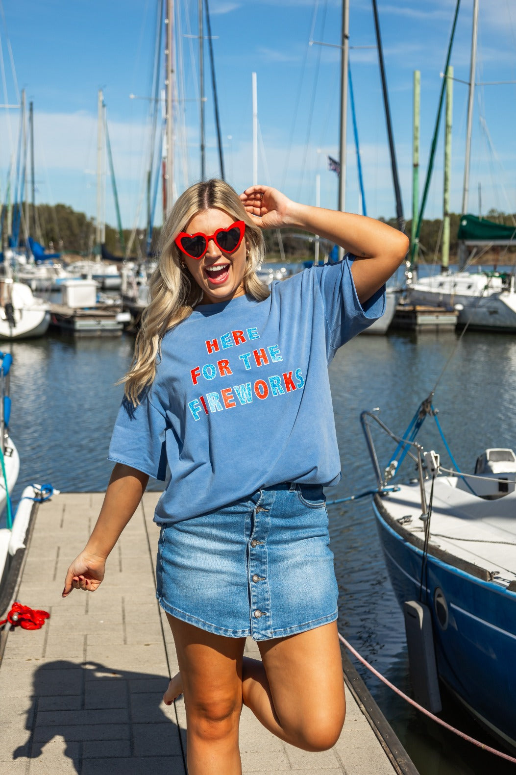"Here For Fireworks" On Blue Relaxed Fit Tee