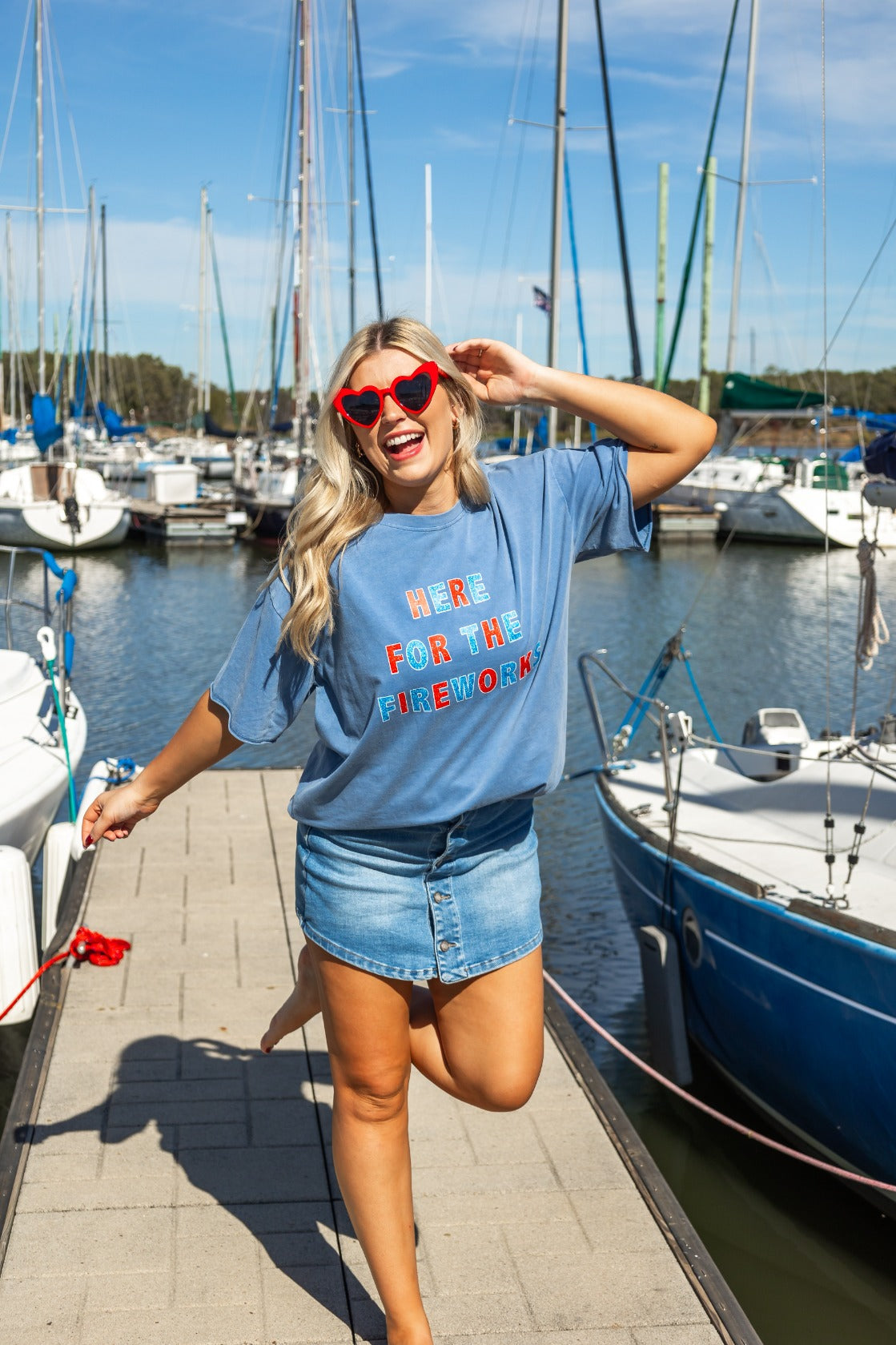 "Here For Fireworks" On Blue Relaxed Fit Tee