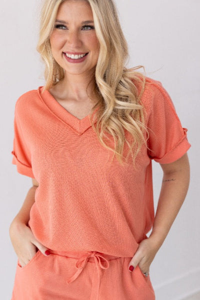 Lucy Coral Waffle Knit Top