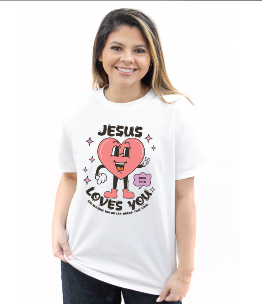 Jesus Loves You on White Tee Shirt