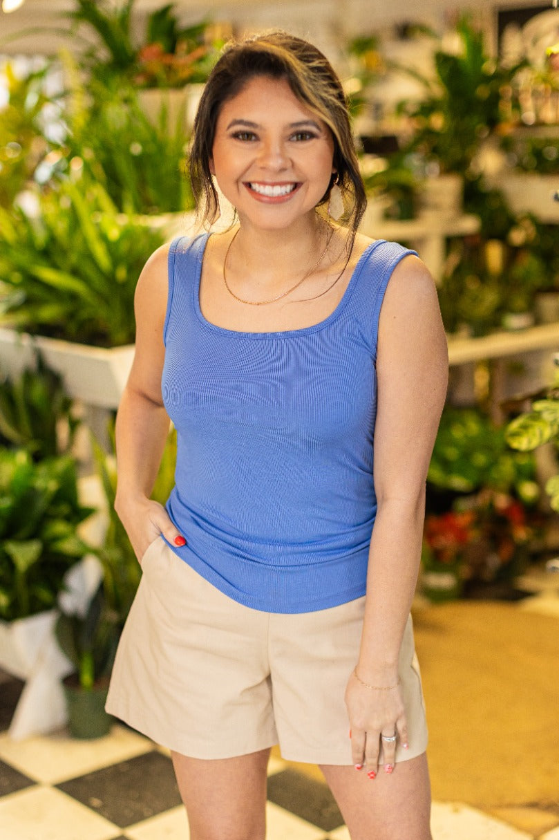 Bella Square Neck Rib Knit Tank Top, Blue