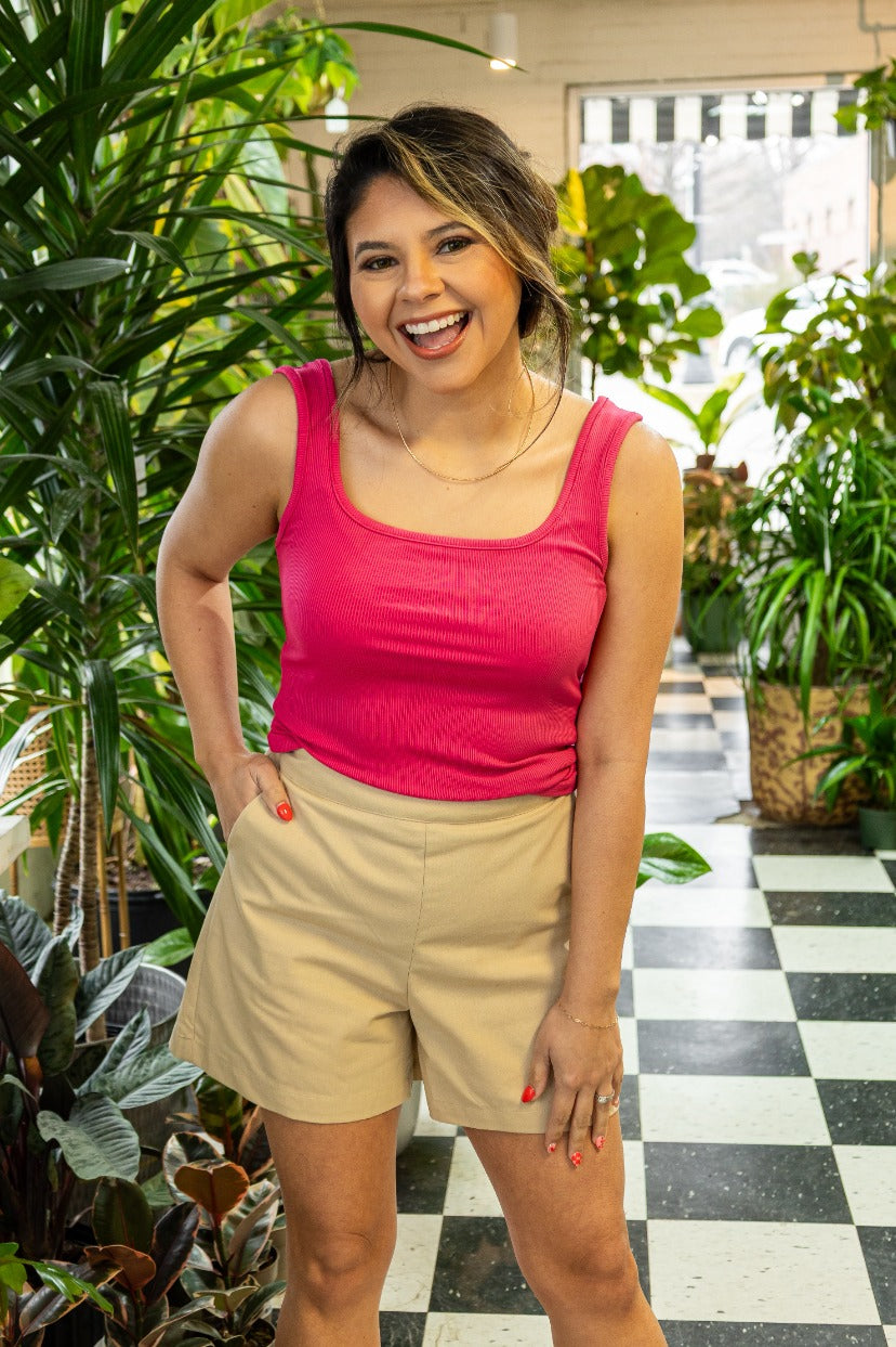 Bella Square Neck Rib Knit Tank Top, Pink