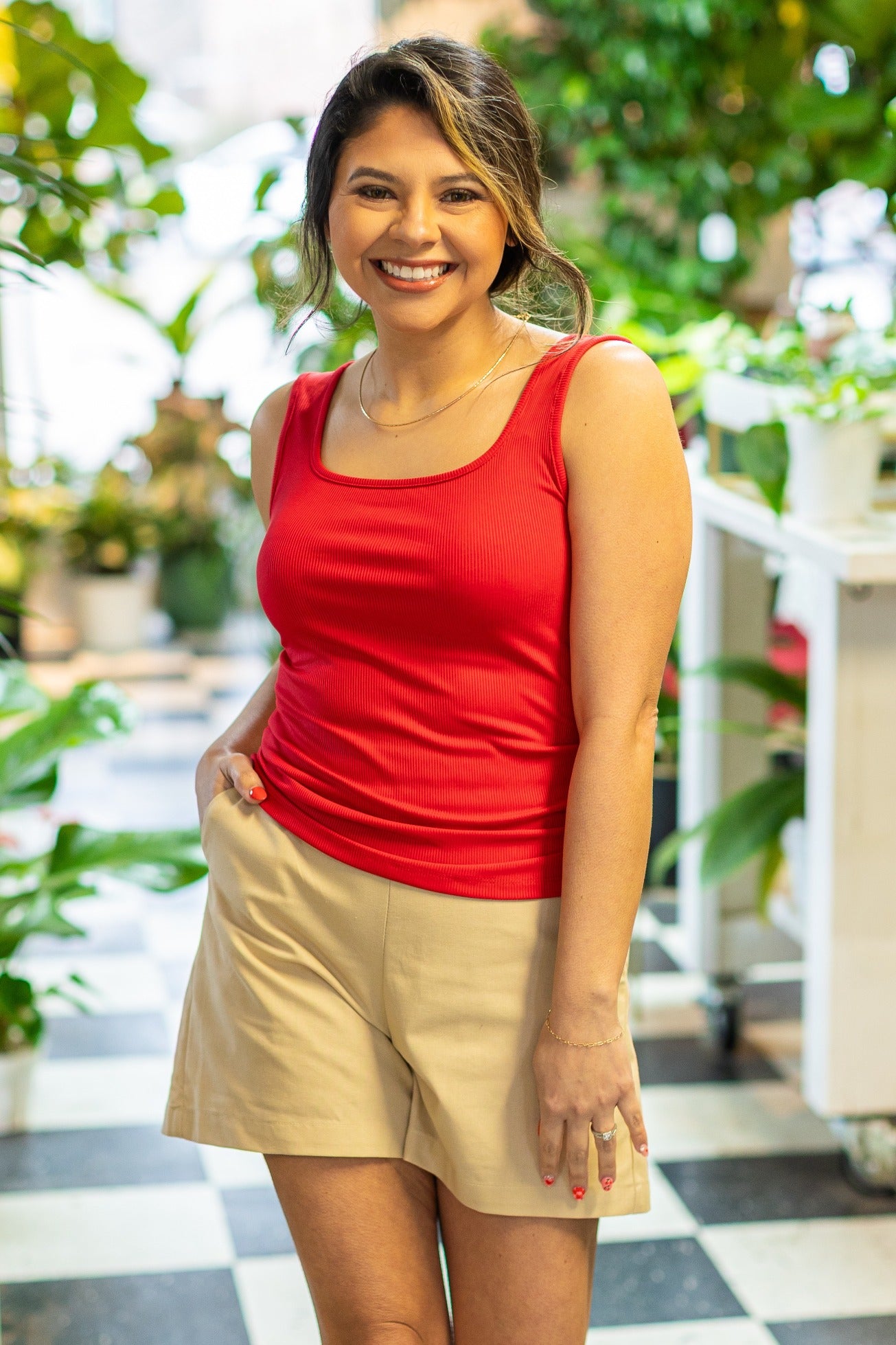 Bella Square Neck Rib Knit Tank Top, True Red