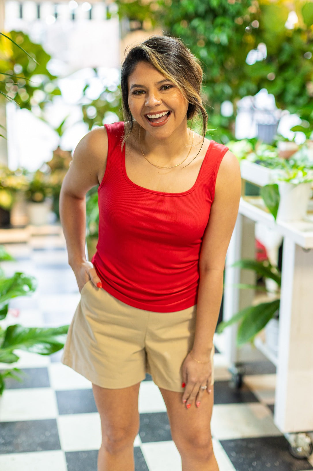 Bella Square Neck Rib Knit Tank Top, True Red