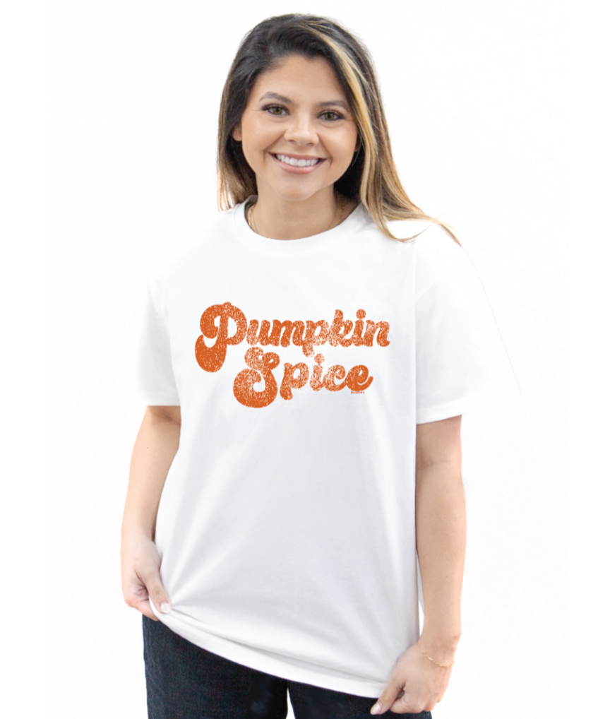 Pumpkin Spice on White Tee Shirt Blank
