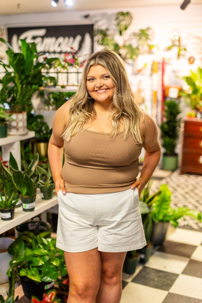 Bella Square Neck Rib Knit Tank Top, Tan