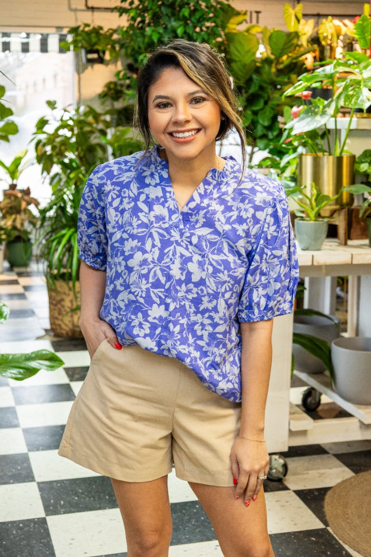 Blue Floral Puff Sleeve Blouse