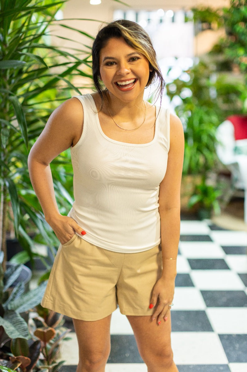 Bella Square Neck Rib Knit Tank Top, White