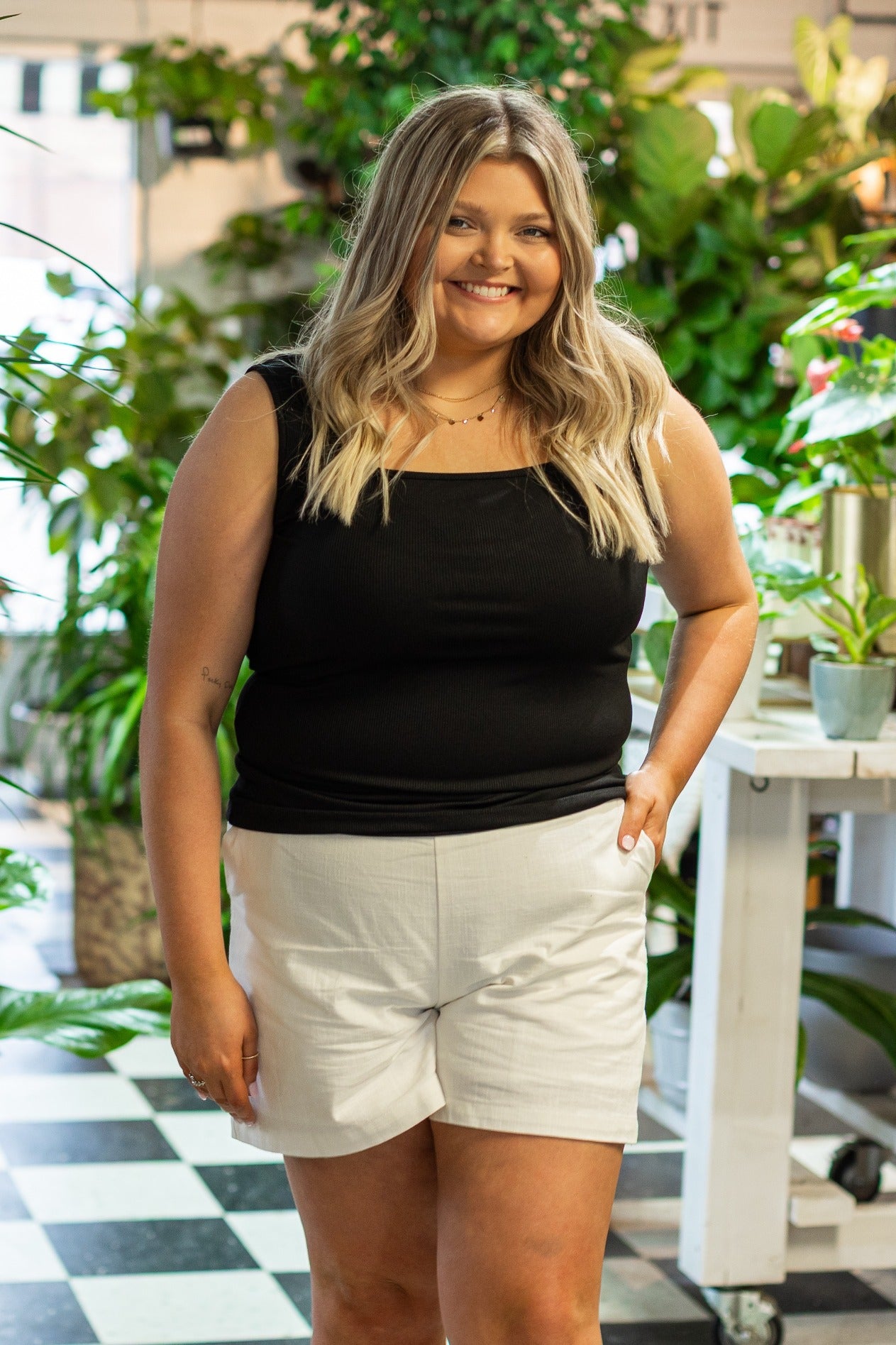 Bella Square Neck Rib Knit Tank Top Black