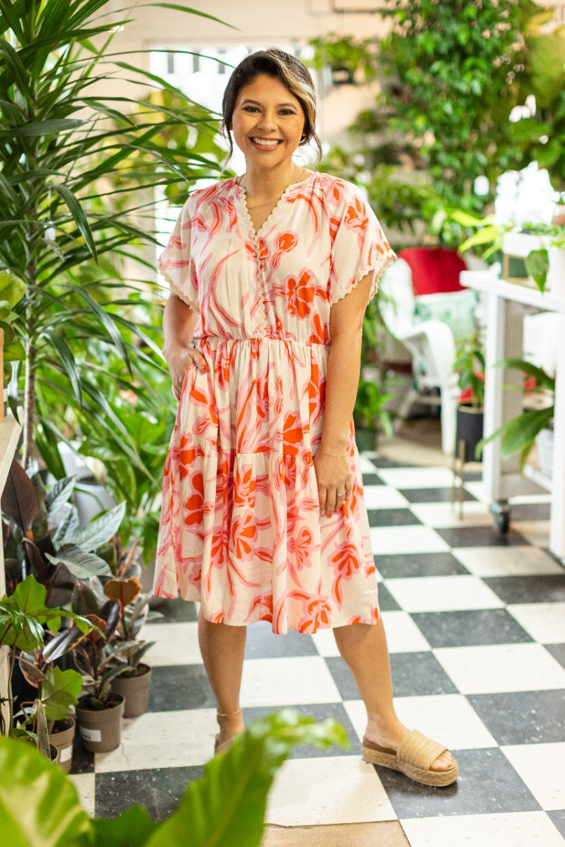 Pink Floral Dress Scallop Trim