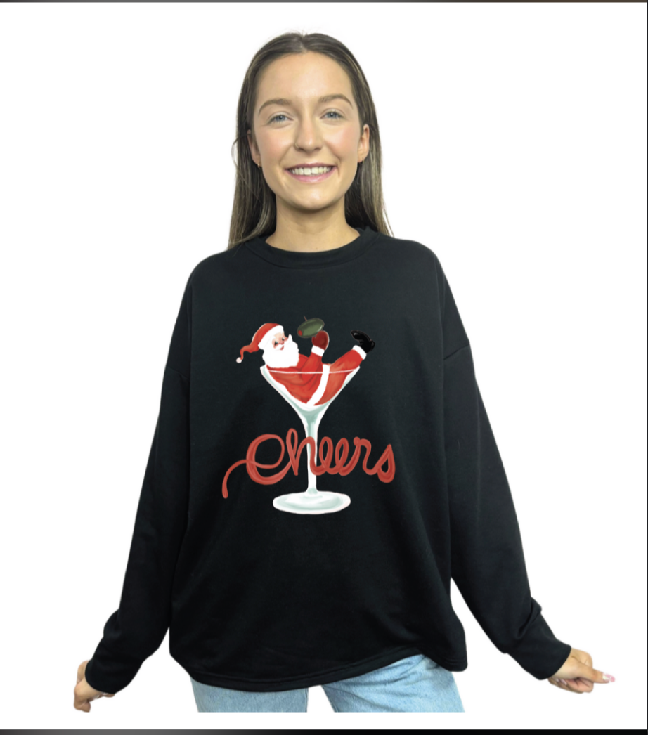 Cheers Santa on Light Weight Crewneck, Black