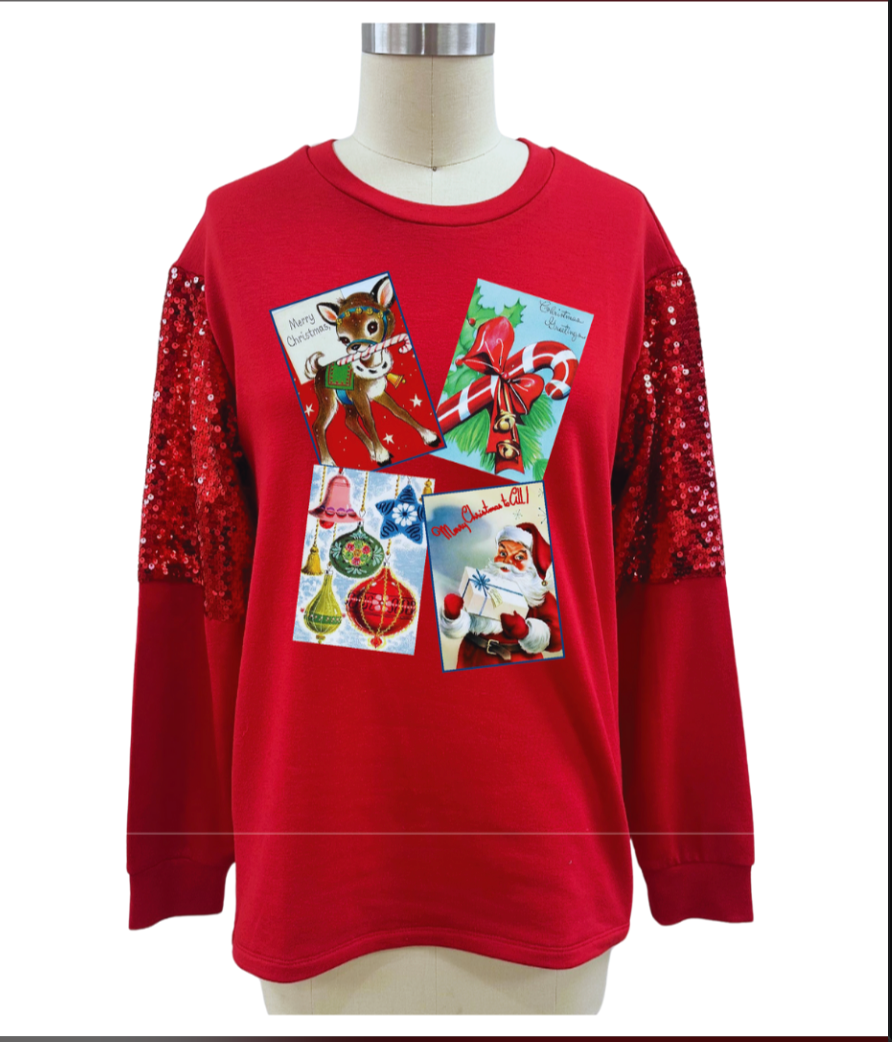 Christmas Cards on Light Weight Sequins Crewneck, Red