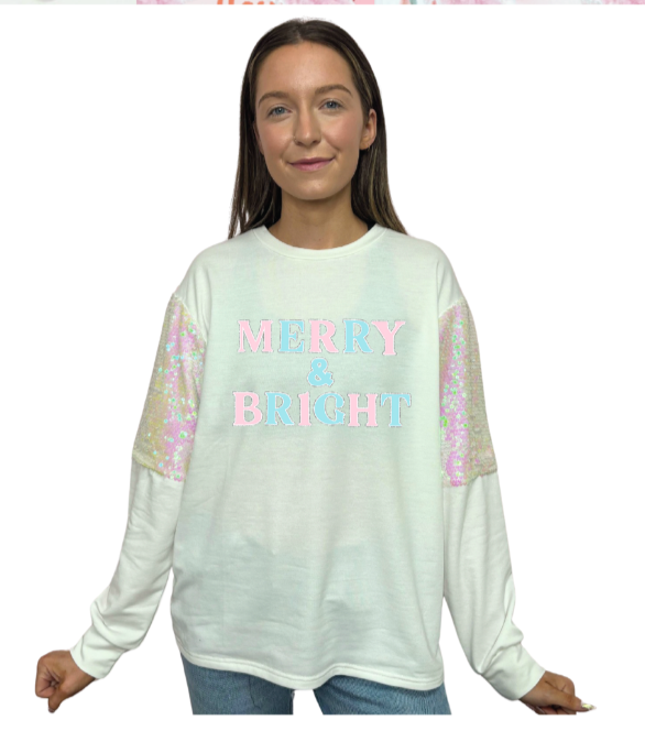 Merry & Bright on Light Weight Sequins Crewneck, White