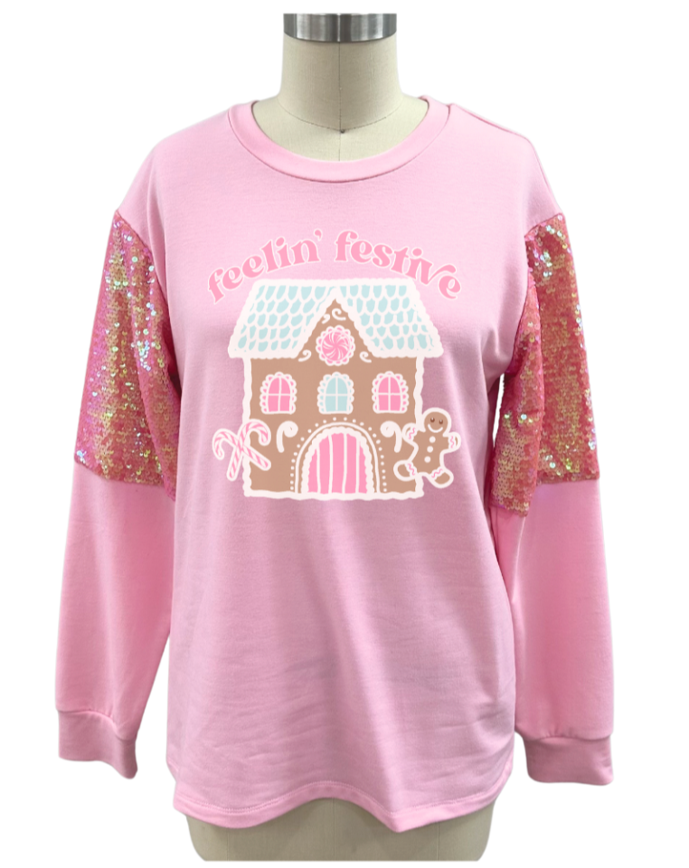Feelin' Festive on Light Weight Sequins Crewneck, Pink