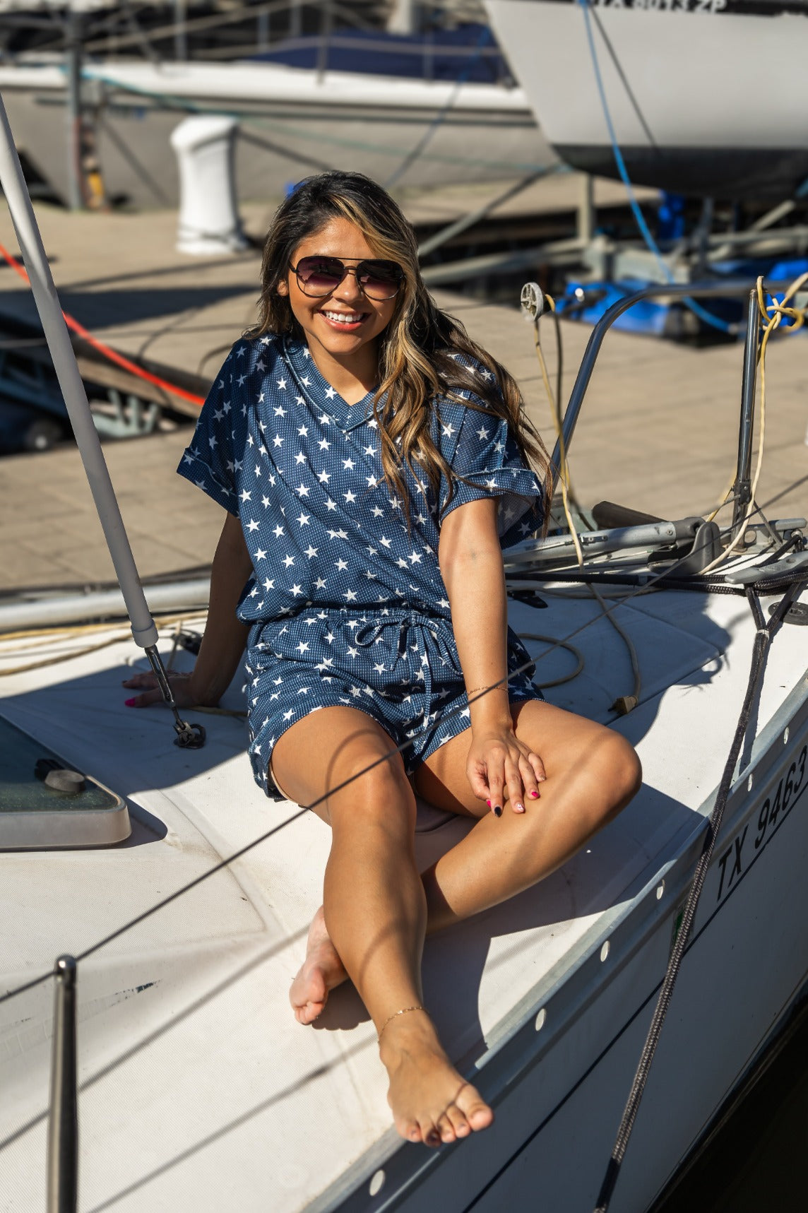 The Lucy Navy Stars Waffle Knit Top