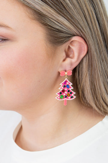 Christmas Tree Earrings, Pink