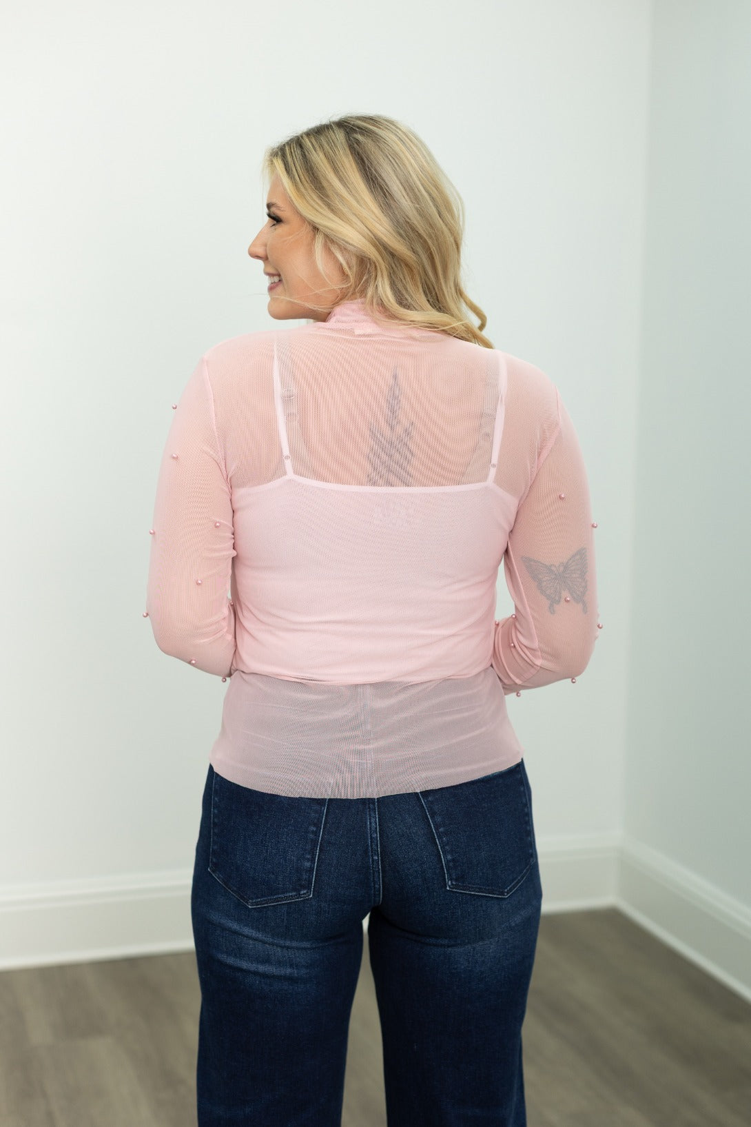 Mock Neck Mesh Top with Pearl Detail, Pink