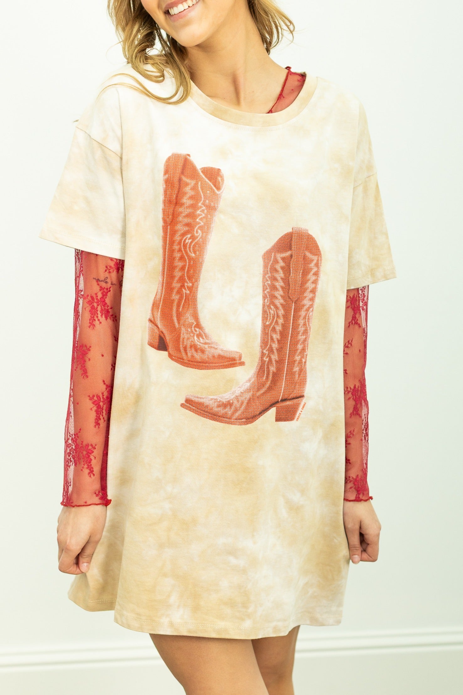Red Cowgirl Boots on Beige Tie Dye T-Shirt Dress
