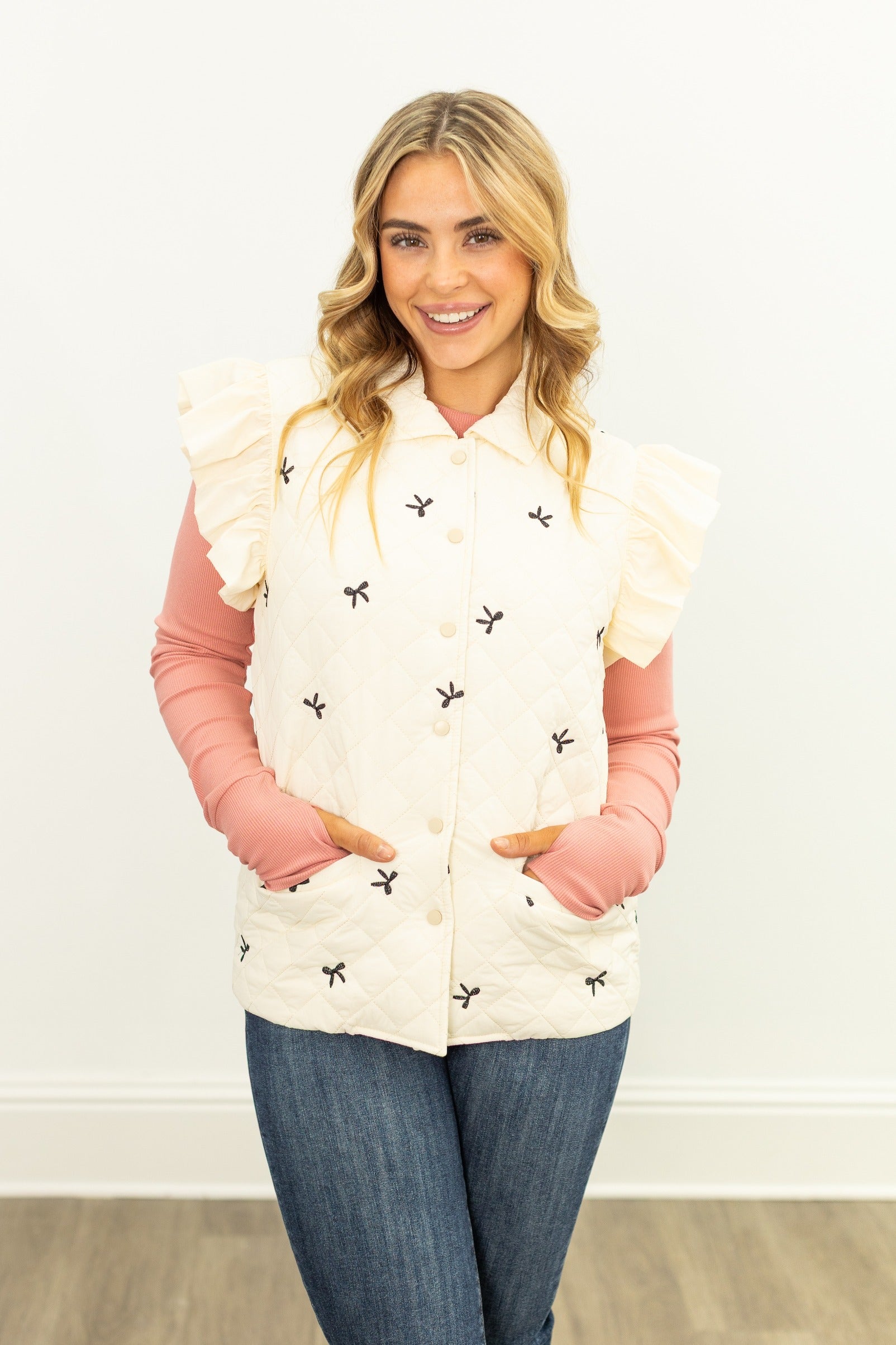 Quilted Puffer Vest with Bows, Ivory - detail shot