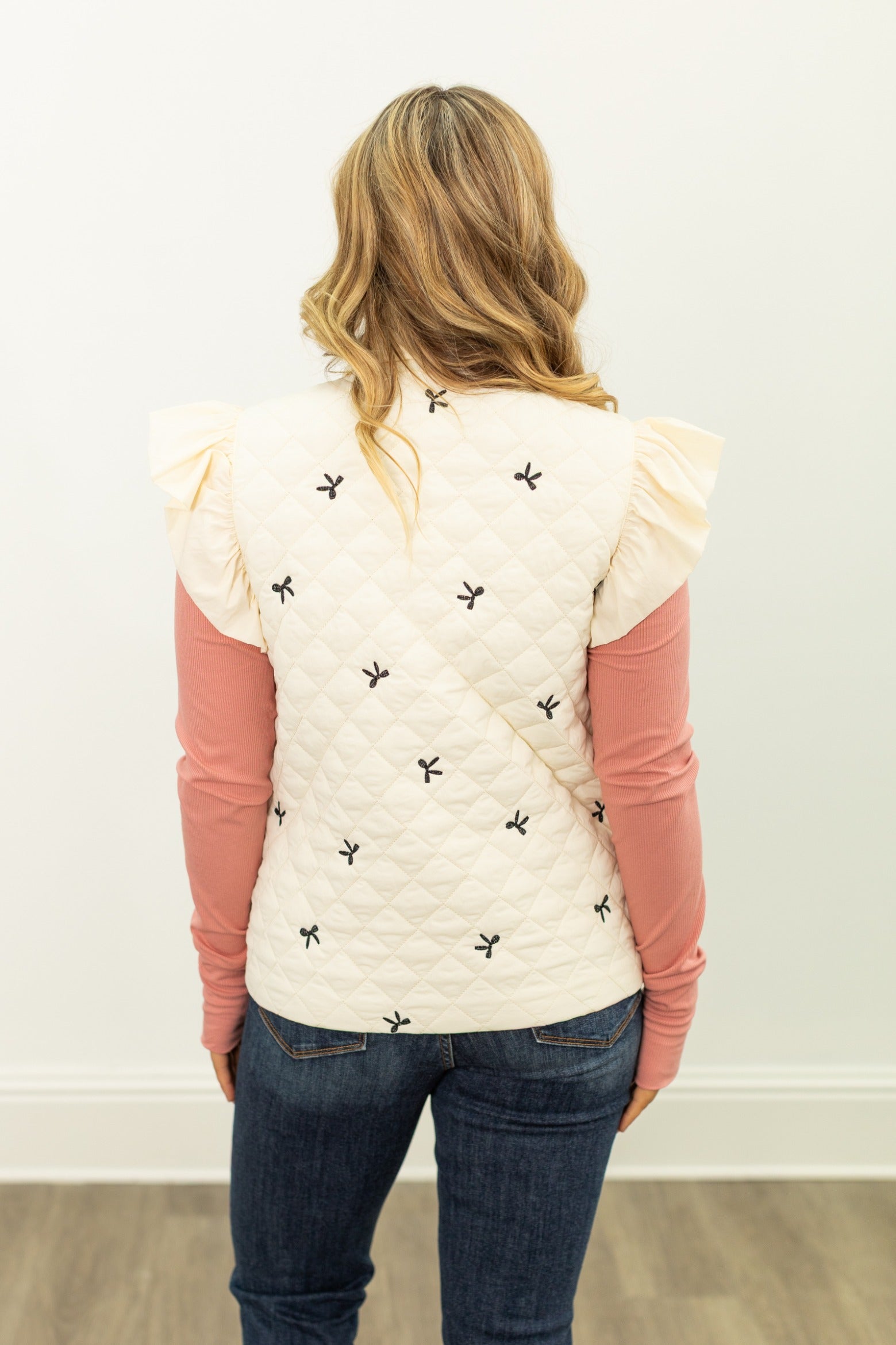 Quilted Puffer Vest with Bows, Ivory