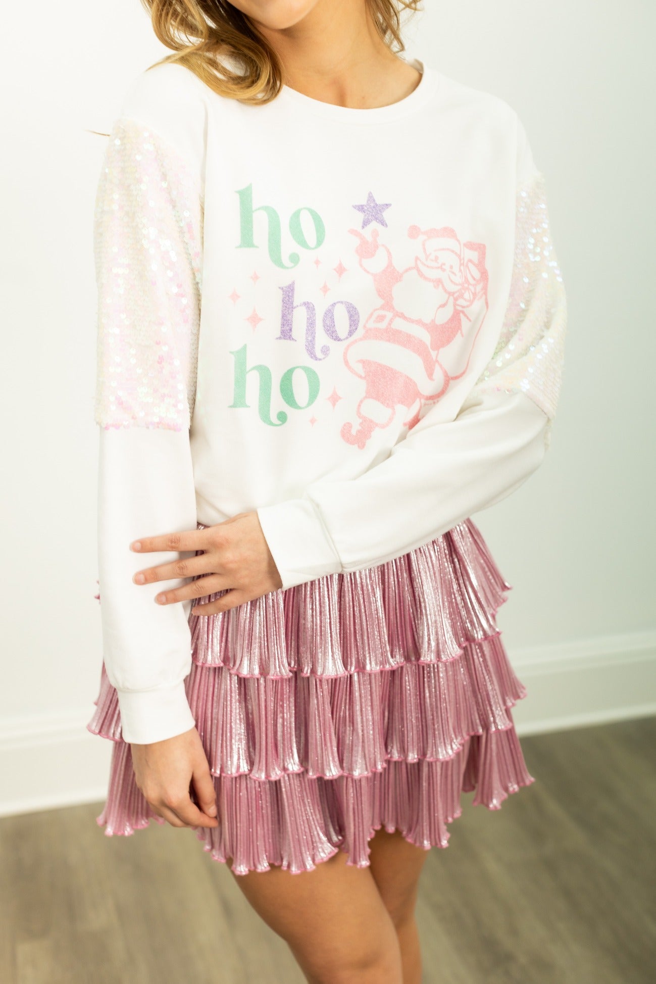 Ho Ho Ho on Light Weight Sequins Crewneck, White