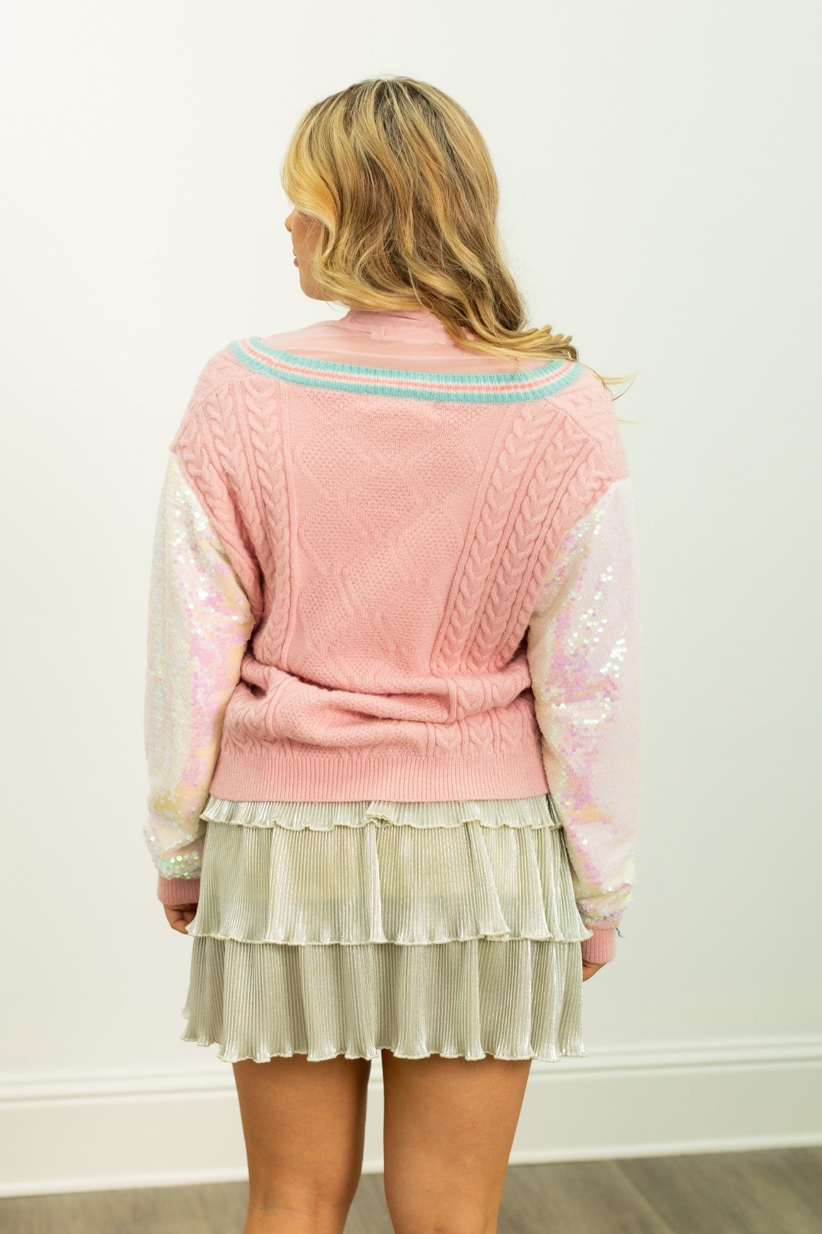 Snowman Cardigan with Sequin Sleeves