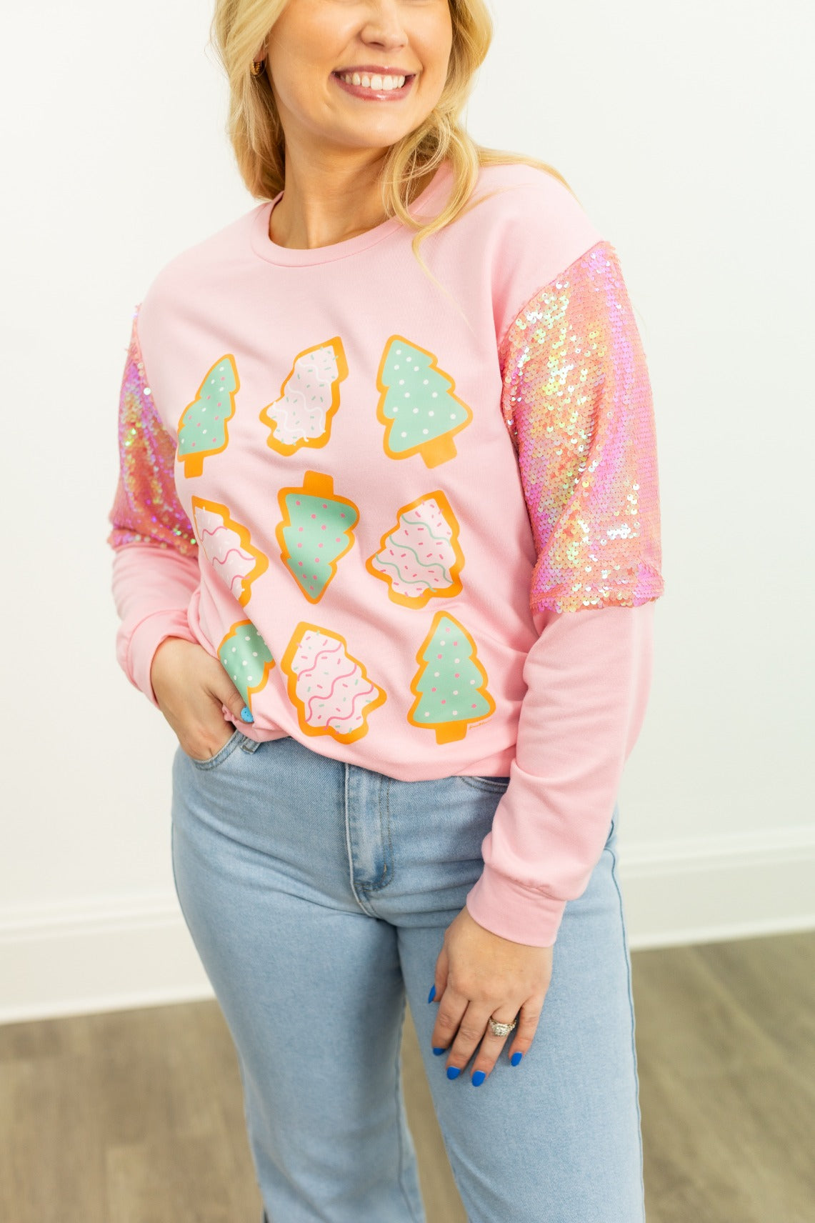 Christmas Tree on Light Weight Sequins Crewneck, Pink