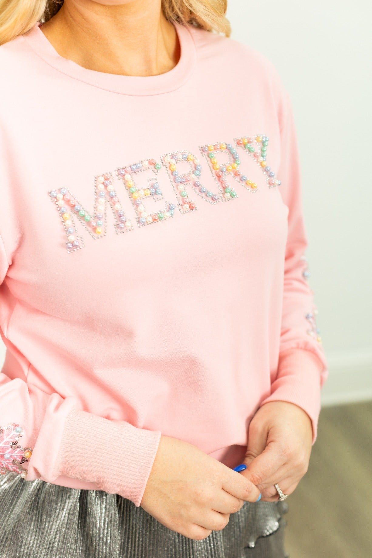 Pearl "Merry" on Pink Sweatshirt