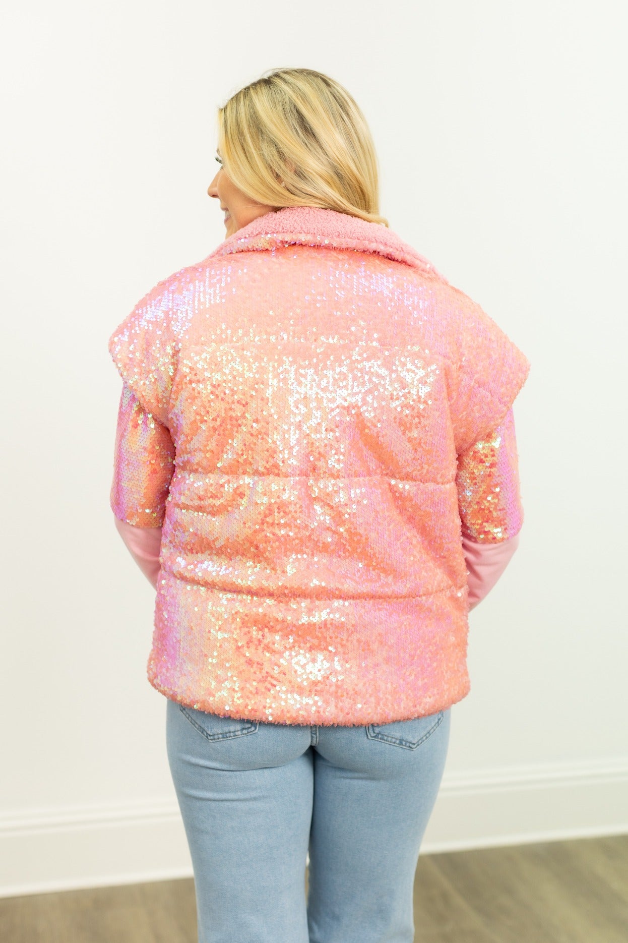 Sequin Puffer Vest, Pink