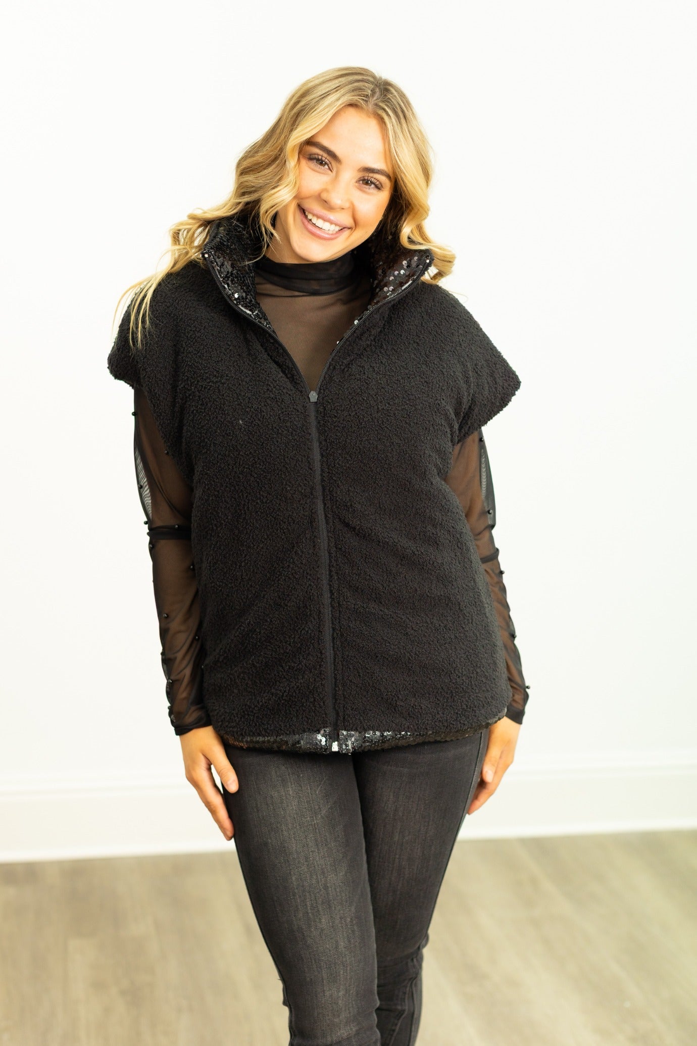 Sequin Puffer Vest, Black