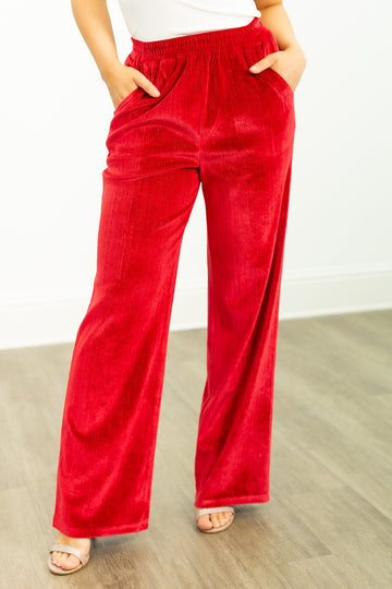 Velvet Straight-Leg Pants, Red