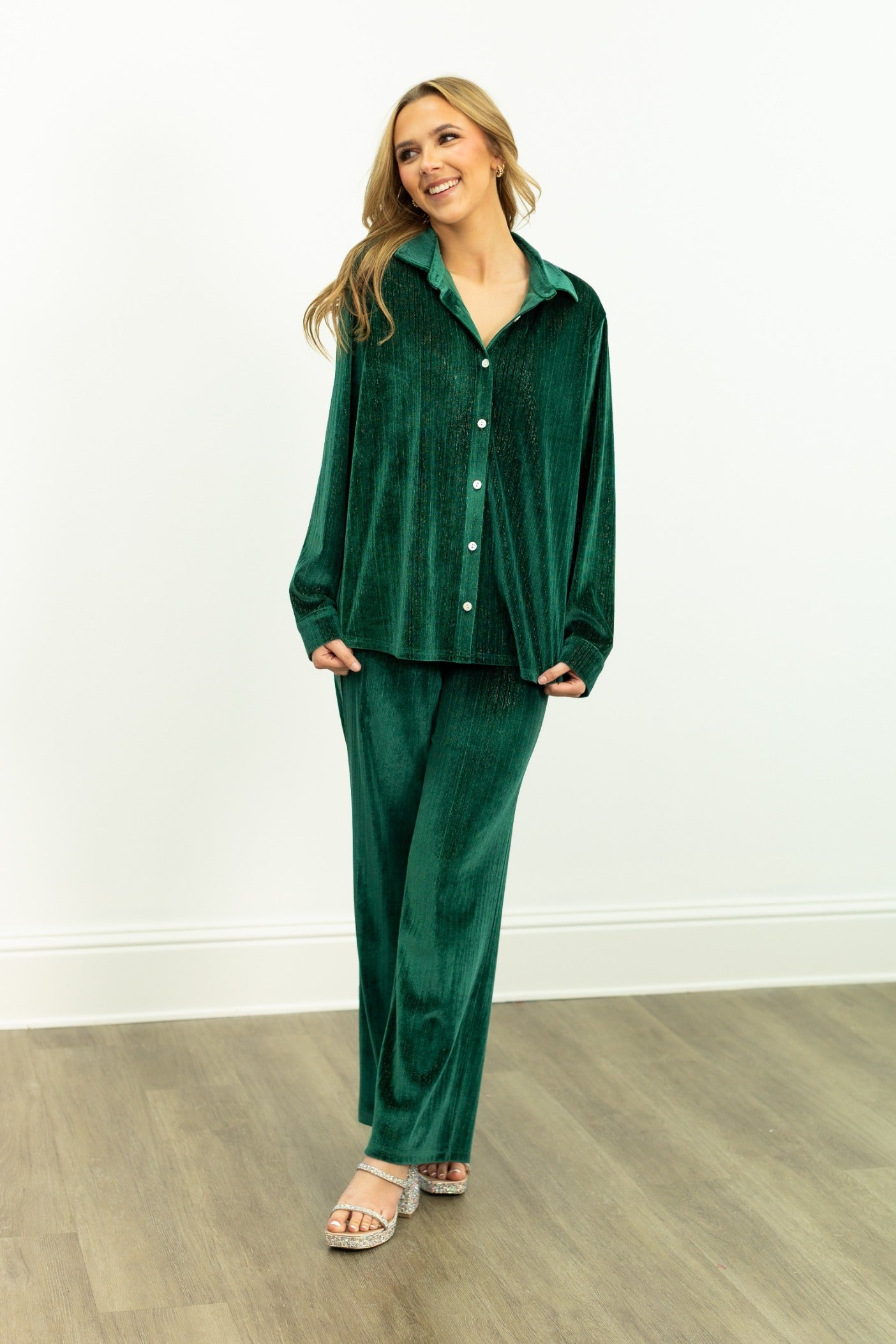 Velvet Button-Up Top, Green