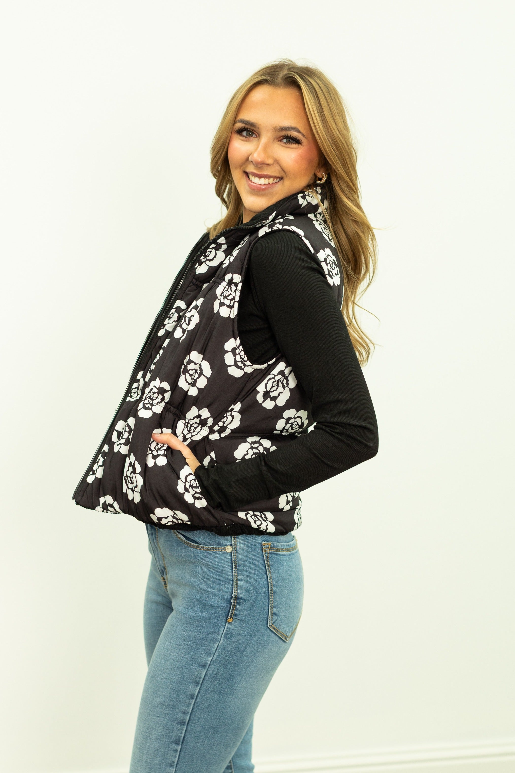 The Gillian Reversible Black and Floral Puffer Vest