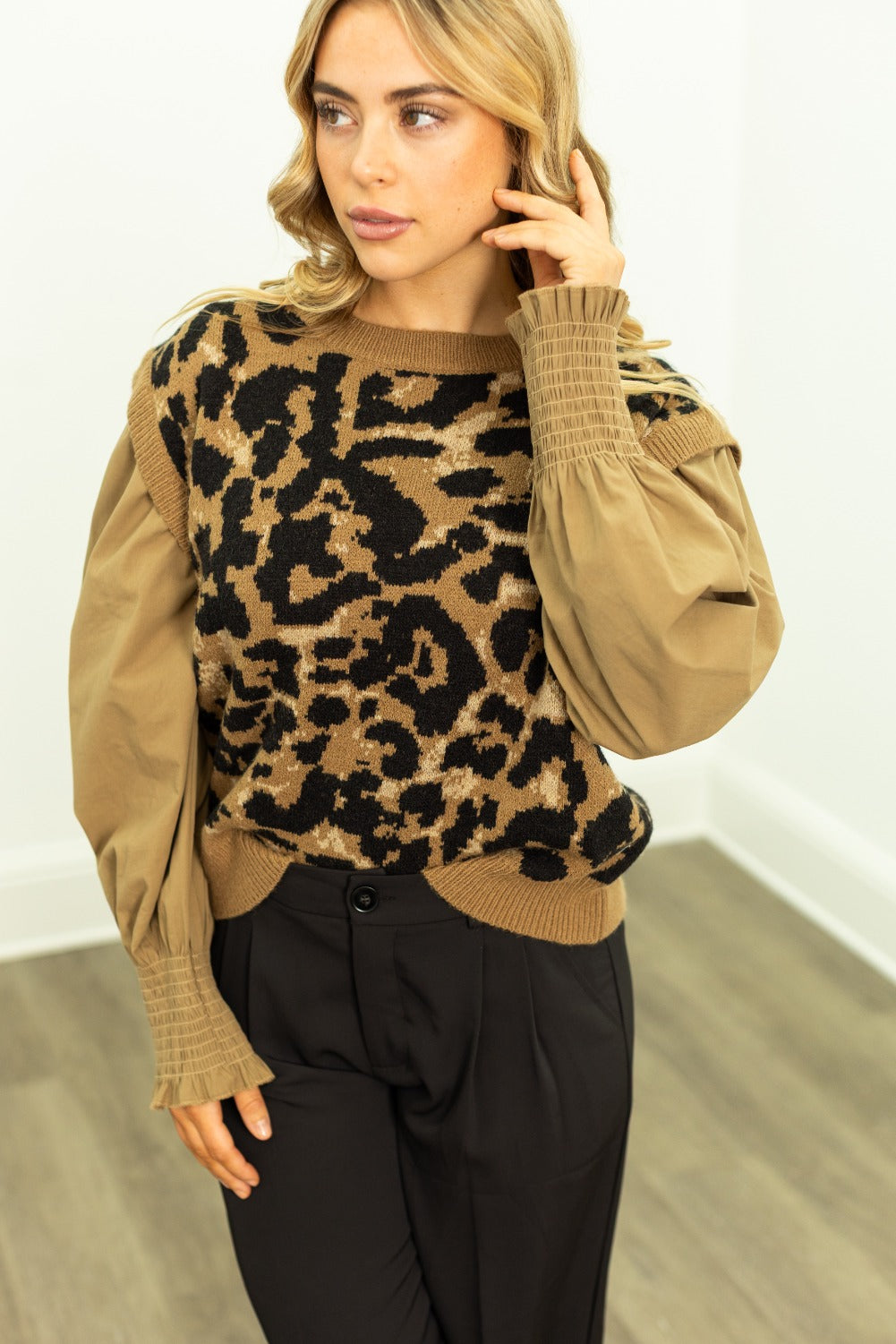 Leopard Sweater Vest with Tan Sleeves, styled