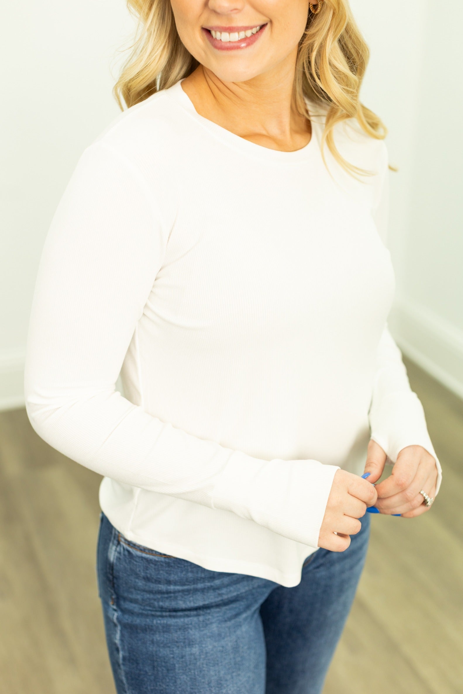 Ribbed Long-Sleeve Top, White