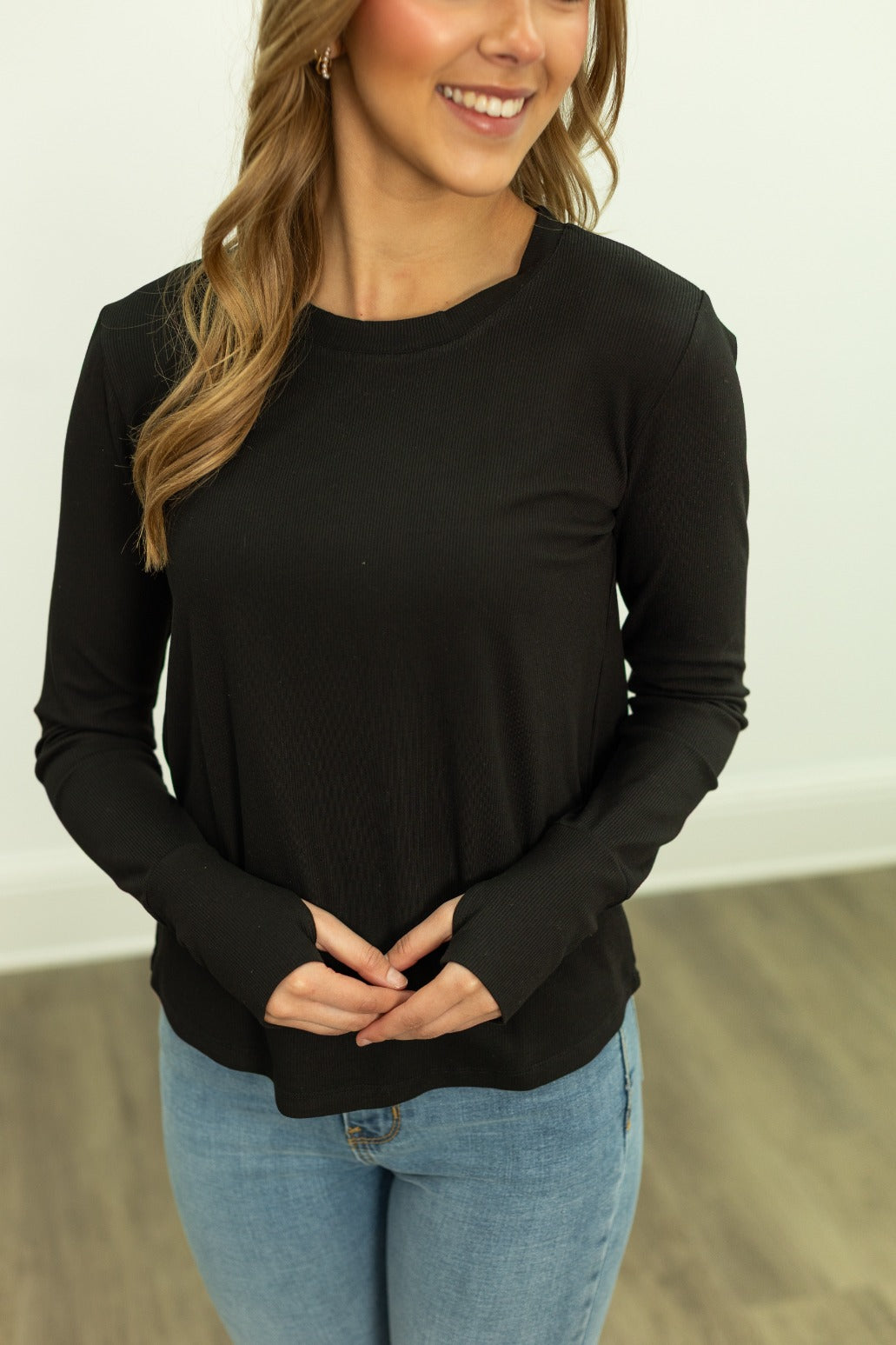 Ribbed Long-Sleeve Top, Black