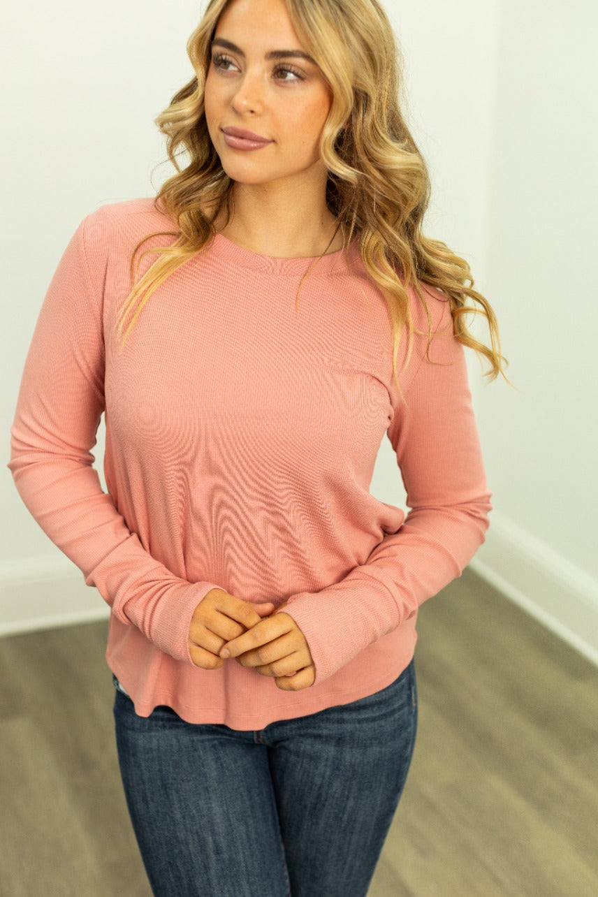 Ribbed Long-Sleeve Top, Blush Pink