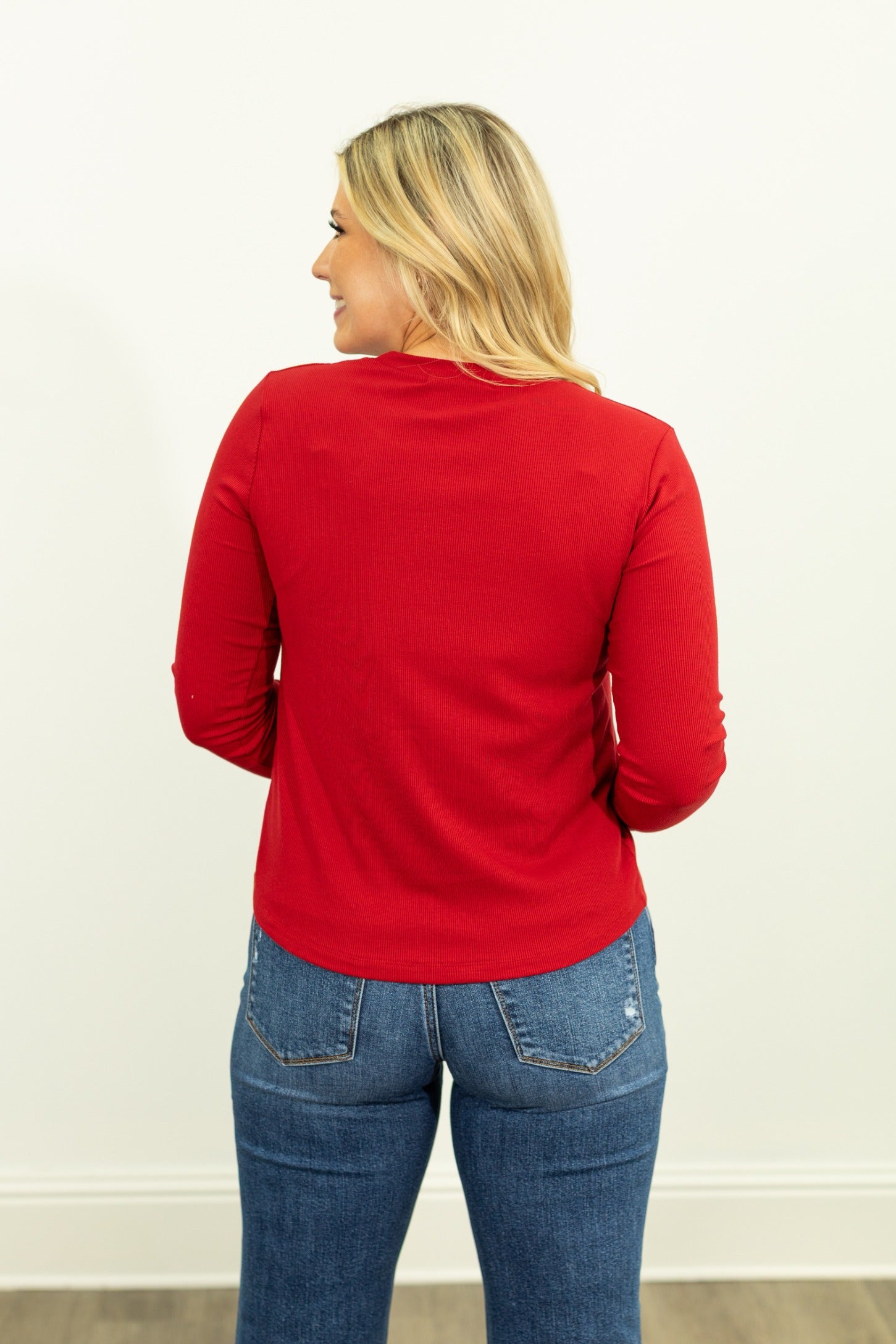 Ribbed Long-Sleeve Top, Red